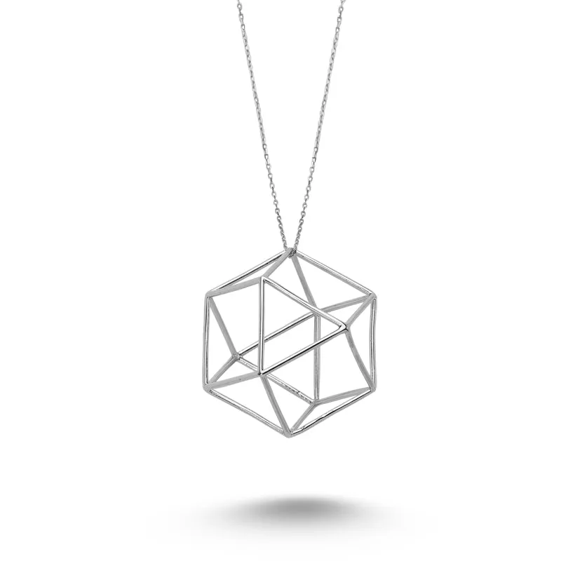 Amorium Jewelry Dainty Geometric Necklace Pendant in Silver showing sterling pendant on long chain