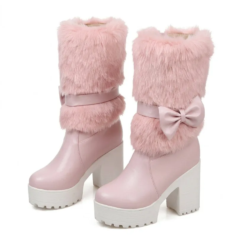 Shoptery Fairy Kei Pink Faux Fur Platform Mid-Calf Boots with Bow showing fluffy collar and bow detail