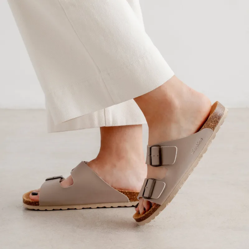 BIANKINA Marbella Vegan Leather Canvas Slip On Cork Sandal in Stone, side view showing single buckle strap