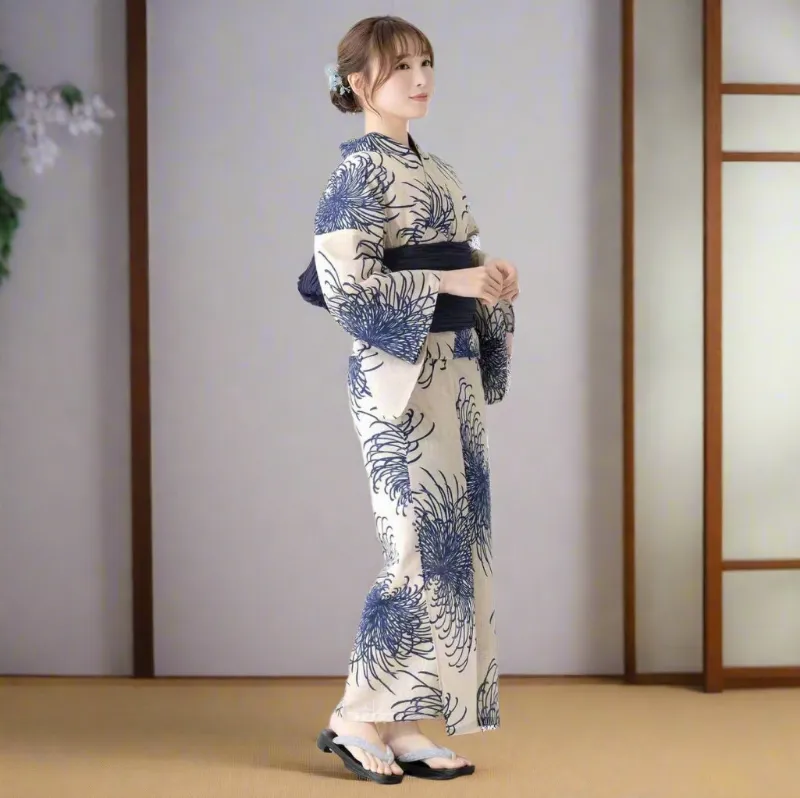 Foxtume Aoi Kiku Women Komon Yukata with Kiku floral pattern