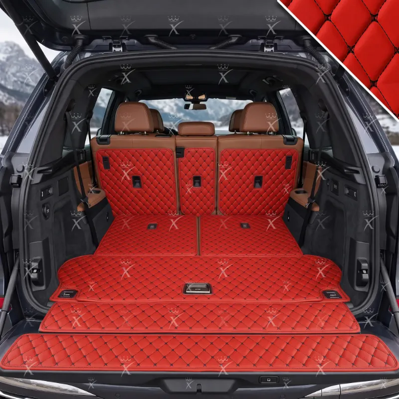 Luxus Car Mats XtendFit Diamond Trunk Mat in Ferrari Red with black stitching, covering trunk floor and seatbacks