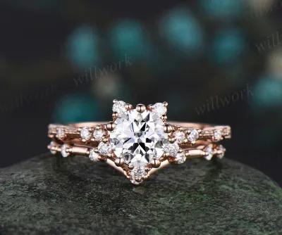 WillWork Jewelry 1ct round cut IGI Lab grown diamond engagement ring set stacking snowflake cluster diamond bridal ring, showing clustered d
