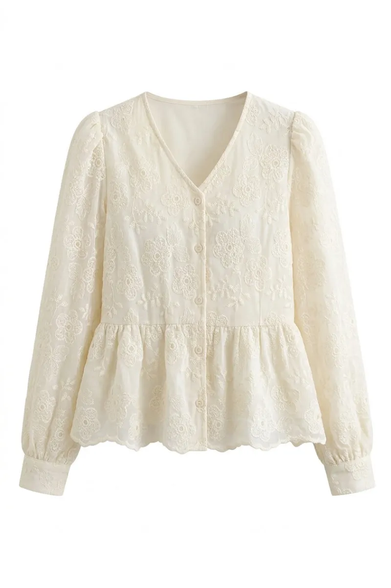 Cottagecore Clothes Ethereal Bloom Embroidered Peplum Blouse in ivory with floral detail