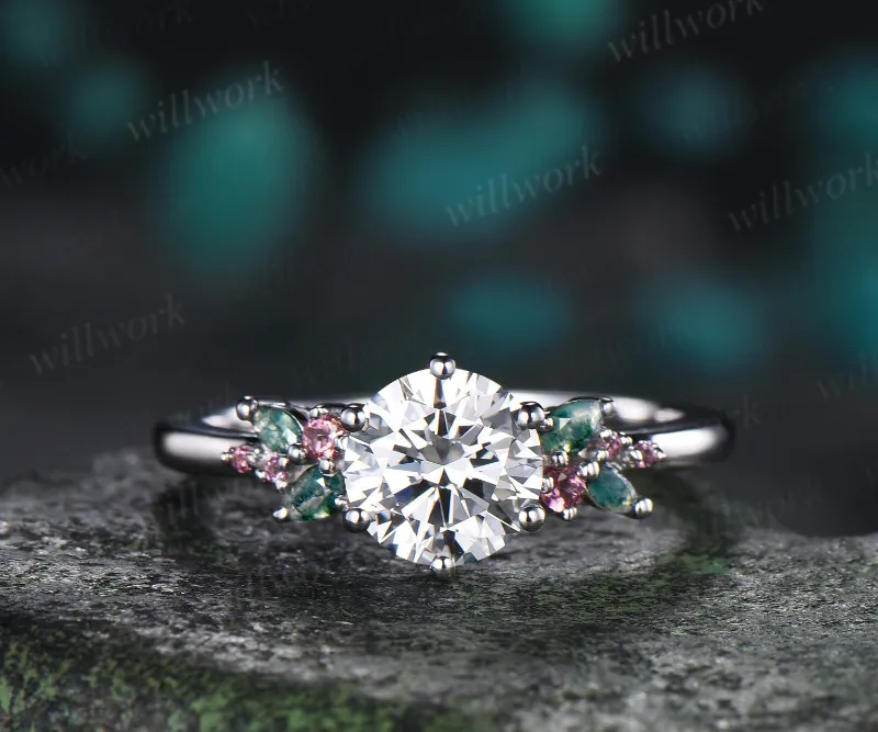 WillWork Jewelry 1ct Round IGI Certified Lab Grown Diamond Engagement Ring Moss Agate Pink Tourmalines Cluster Ring