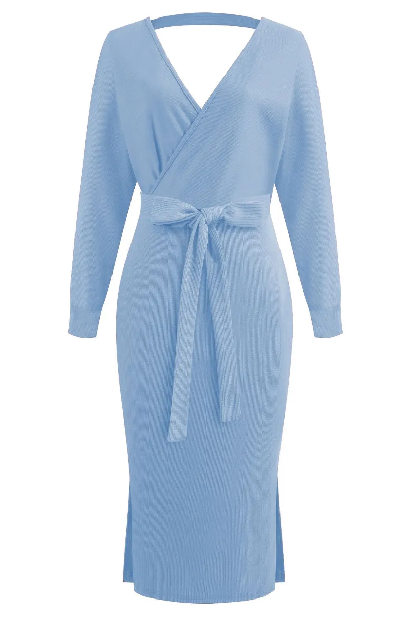 Mislish Blue Mid-length V-neck Sweater Long-sleeved Dress, tea-length casual