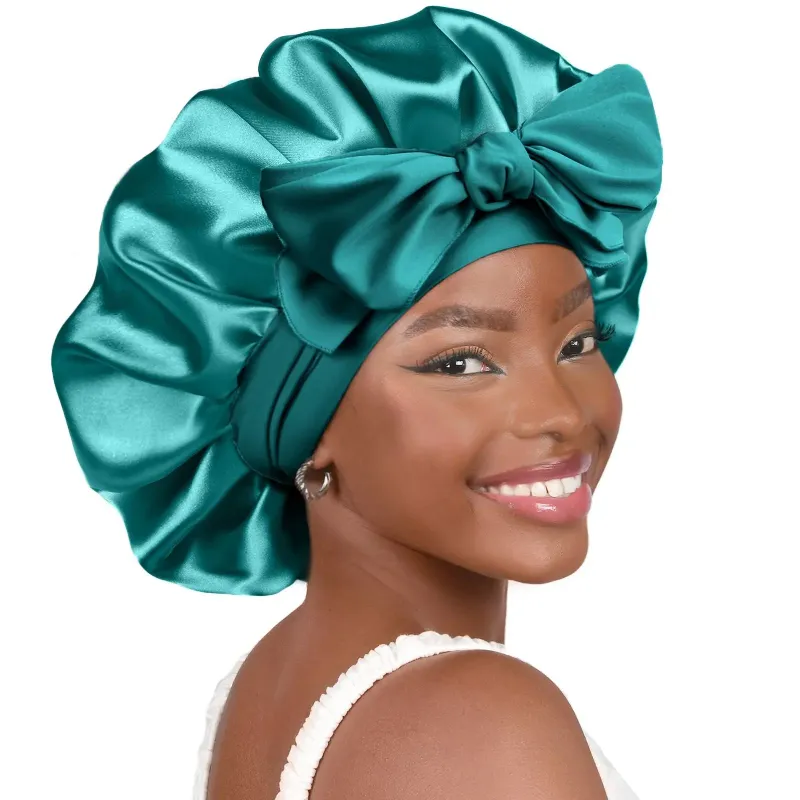 Yanibest Silk Butter Satin Bonnet with Tie Band shown in blue zircon