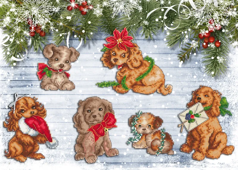 LETISTITCH Christmas Puppies 6 pcs. Ornaments PDF cross stitch chart