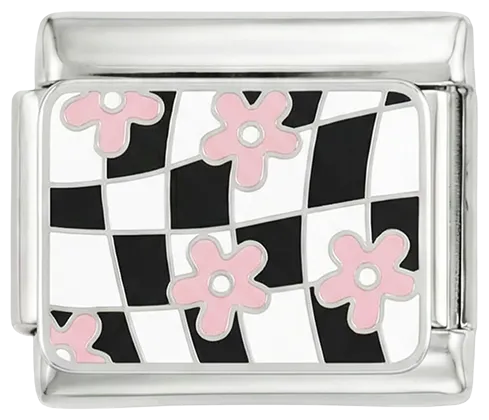 Charms Official Black & White Checkers with Pink Flowers charm on silver