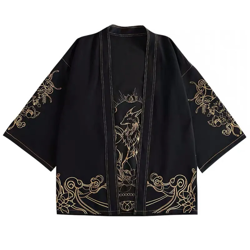 Foxtume Fox Spirit Embroidery Denim Kimono Cardigan with golden fox and lotus embroidery