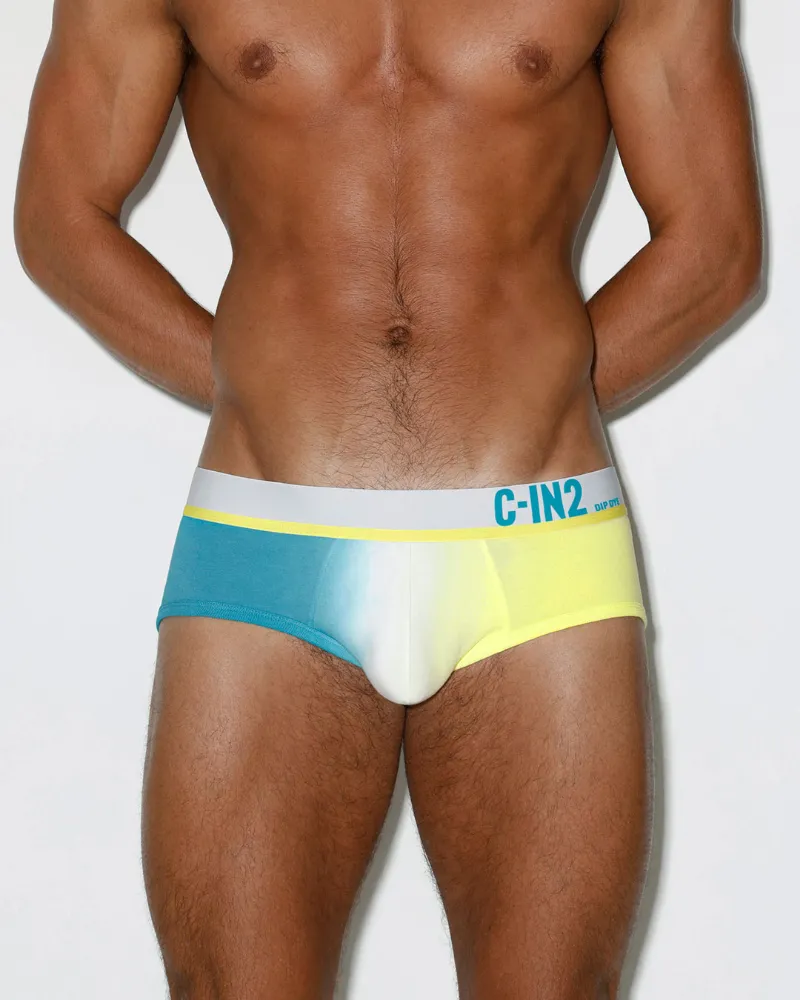 C-IN2 Dip Dye Mid Rise Brief Breeze Blue, color-shifting blue gradient brief on model