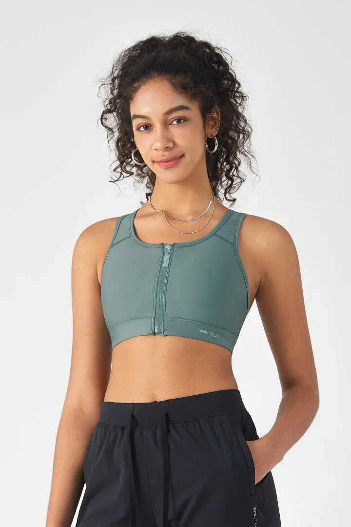 SALTUM HiTense™ Front Zip Sports Bra with High Support in light teal with fluorescent logo