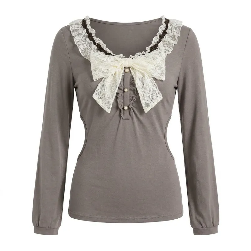 Cottagecore Clothes Cottagecore Rose Lace Bow Henley T-Shirt, dusty mauve long-sleeve with lace ruffle neckline and bow