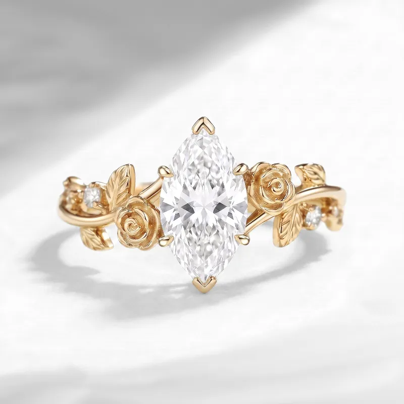 Starlandus 'A Rose Is A Rose Is A Rose' Nature Inspired Marquise Cut Moissanite Romantic Rose Flower Engagement Ring with vine band