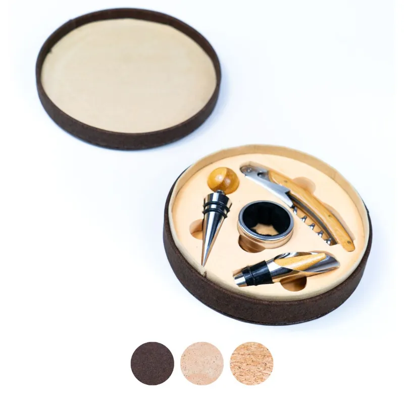 Corkadia Cork box Wine Accessory Set showing four-piece wine tool collection in cork storage box
