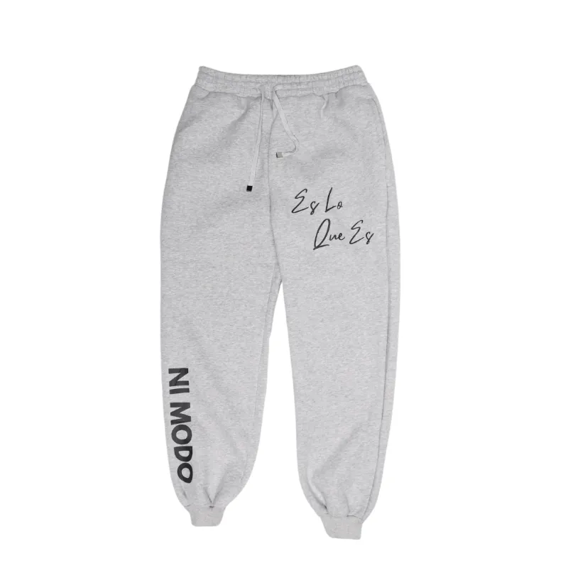Nimodo Es Lo Que Es sweatpants in grey with Ni Modo and Es Lo Que Es leg graphics