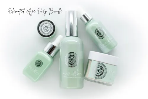 PiperBlue Organic Makeup Elevated Age Defy Bundle showing five piece full size skincare set