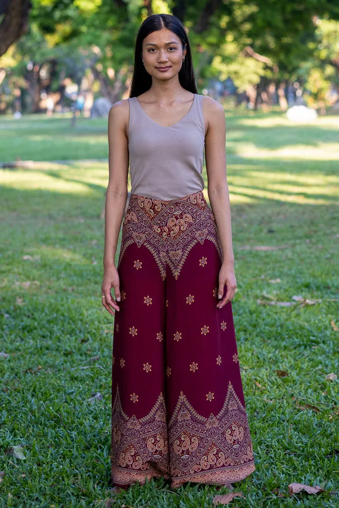 Hippie Pants Burgundy Palazzo Star Pants with flared legs and star pattern