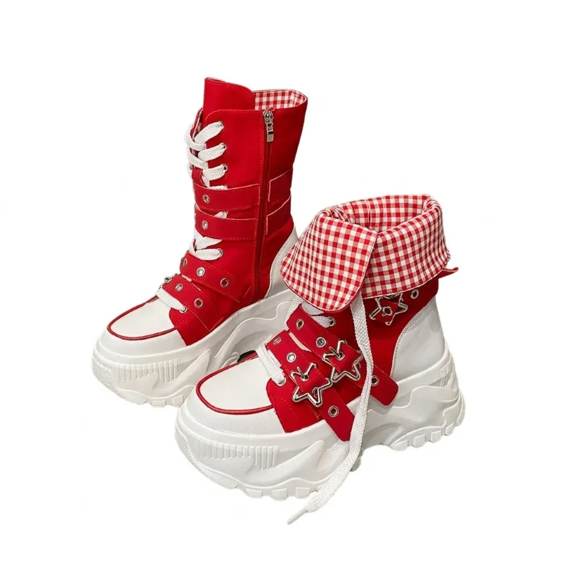 Shoptery Jirai Kei Red Gingham Platform High-Top Lace-Up Boots with Star Buckle, mid-calf platform boots with front lacing