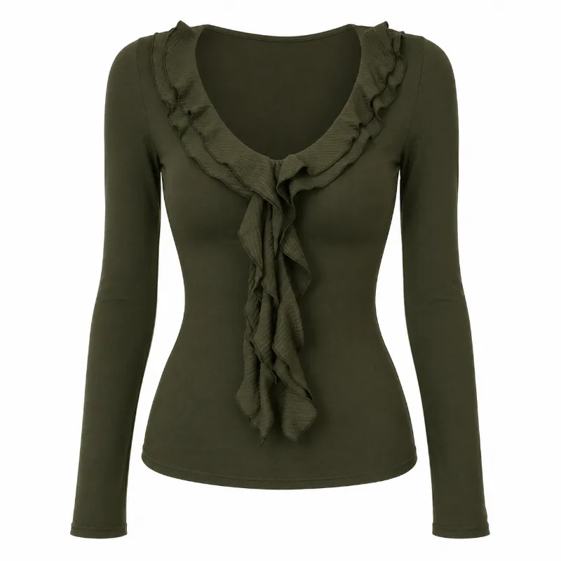 Cottagecore Clothes Dark Cottagecore Cascade Ruffle Tshirt in Forest Green with center ruffle detail