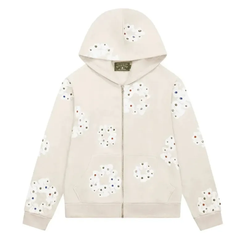 AfewVibe Denim Tears Rhinestone Wreath Zip Hoodie Oatmeal, front view