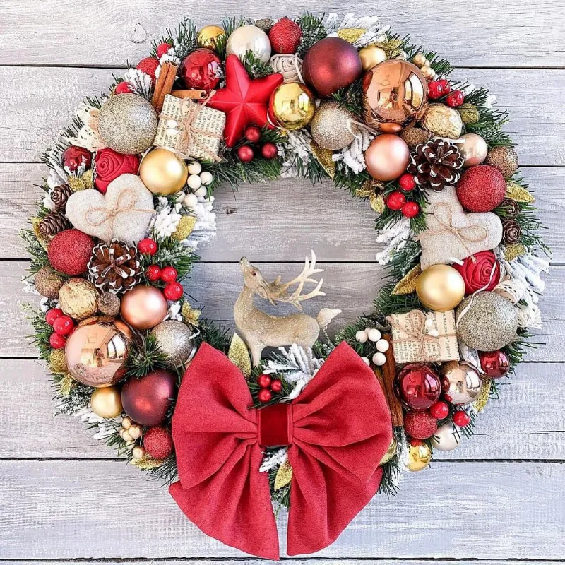 Flower Boom Dallas Christmas wreath with a deer and ornaments for door décor
