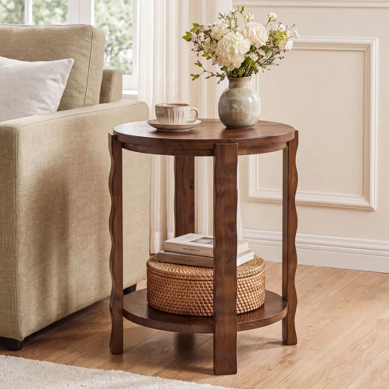 Tribesigns 2-Tier Round Side Table made of natural fir wood with lower storage shelf