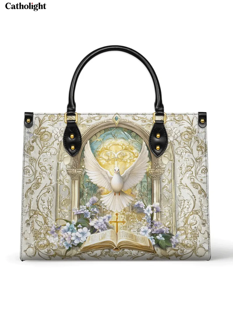 Catholight Sanctuary of the Holy Spirit Leather Bag showing a dove and cross design on a leather bag