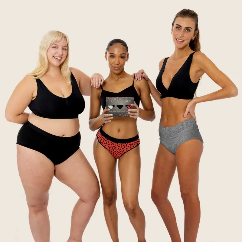 Lilova 3-PACK ORGANIC COTTON SAVER SET in gift box showing black brief, red bikini, grey hip-hugger