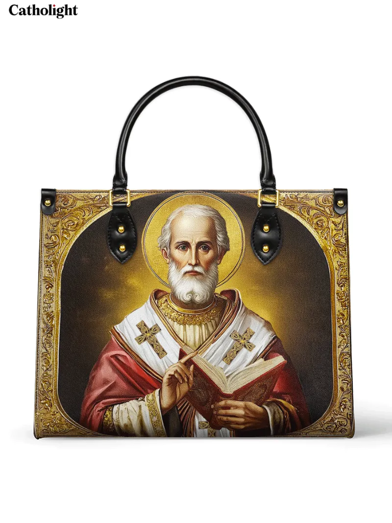 Catholight Saint Nicholas The Patron of Generosity Leather Bag showing Saint Nicholas artwork on front