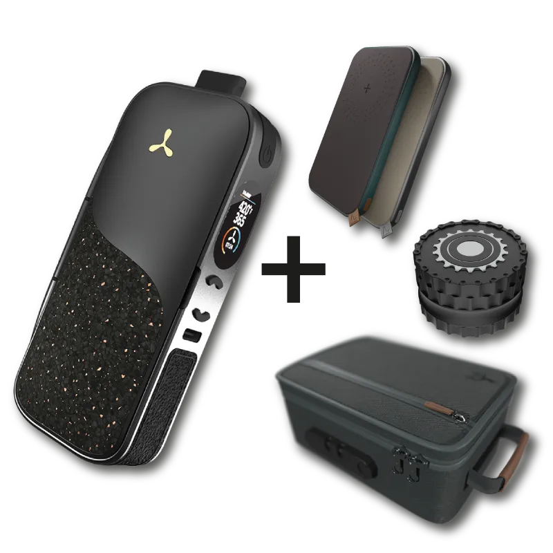 Airvape Legacy PRO 2 bundle showing the vaporizer with case, grinder, and power bank